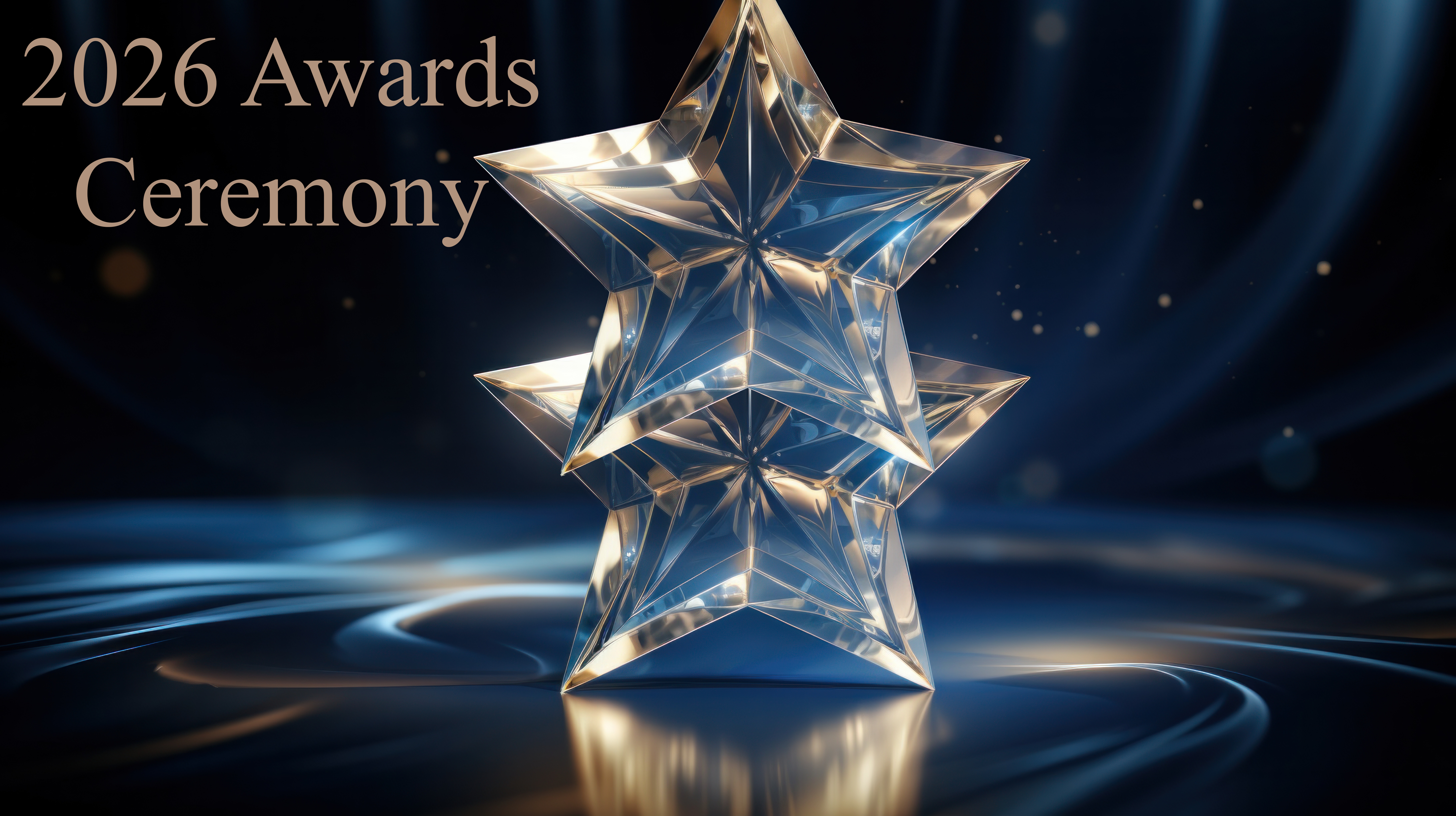 Glass star on a reflective surface, illuminated by soft blue and gold light.