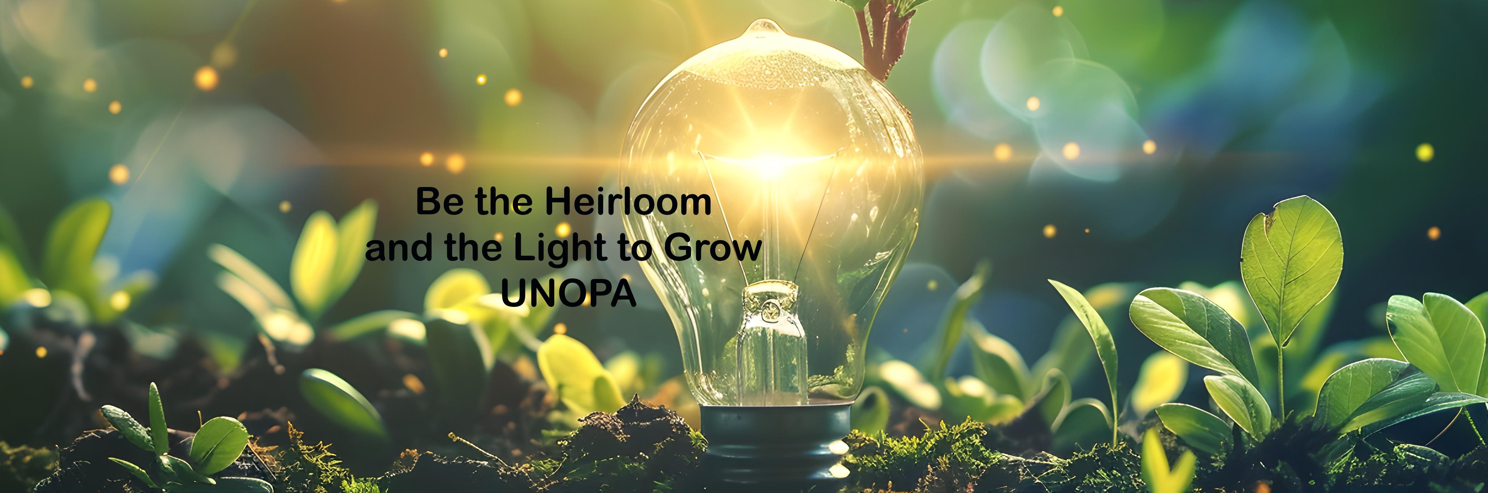 A glowing light bulb nestled among young green plants symbolizes growth, innovation, and hope. Sunlight shines through the bulb, illuminating the surrounding foliage. Overlaid text reads, "Be the Heirloom and the Light to Grow UNOPA."