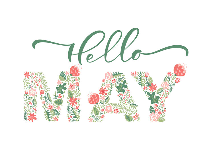 Hello May text in green script and floral-patterned letters, with colorful flowers and leaves.