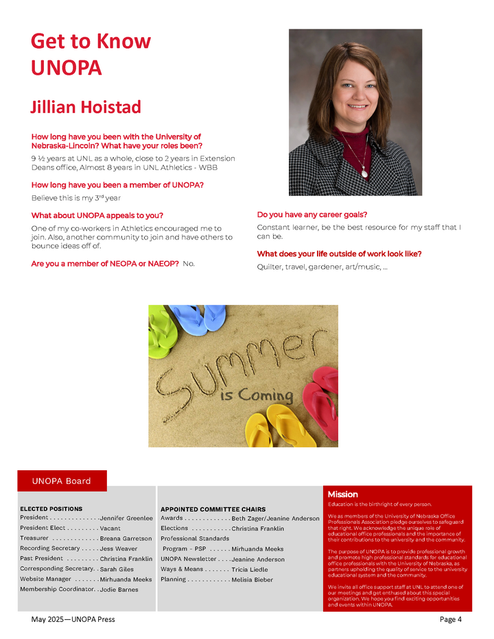 Get to Know UNOPA article layout with photo, interview text, and "Summer is Coming" graphic.