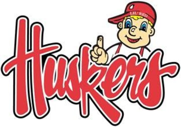 Image of little red and Huskers logo